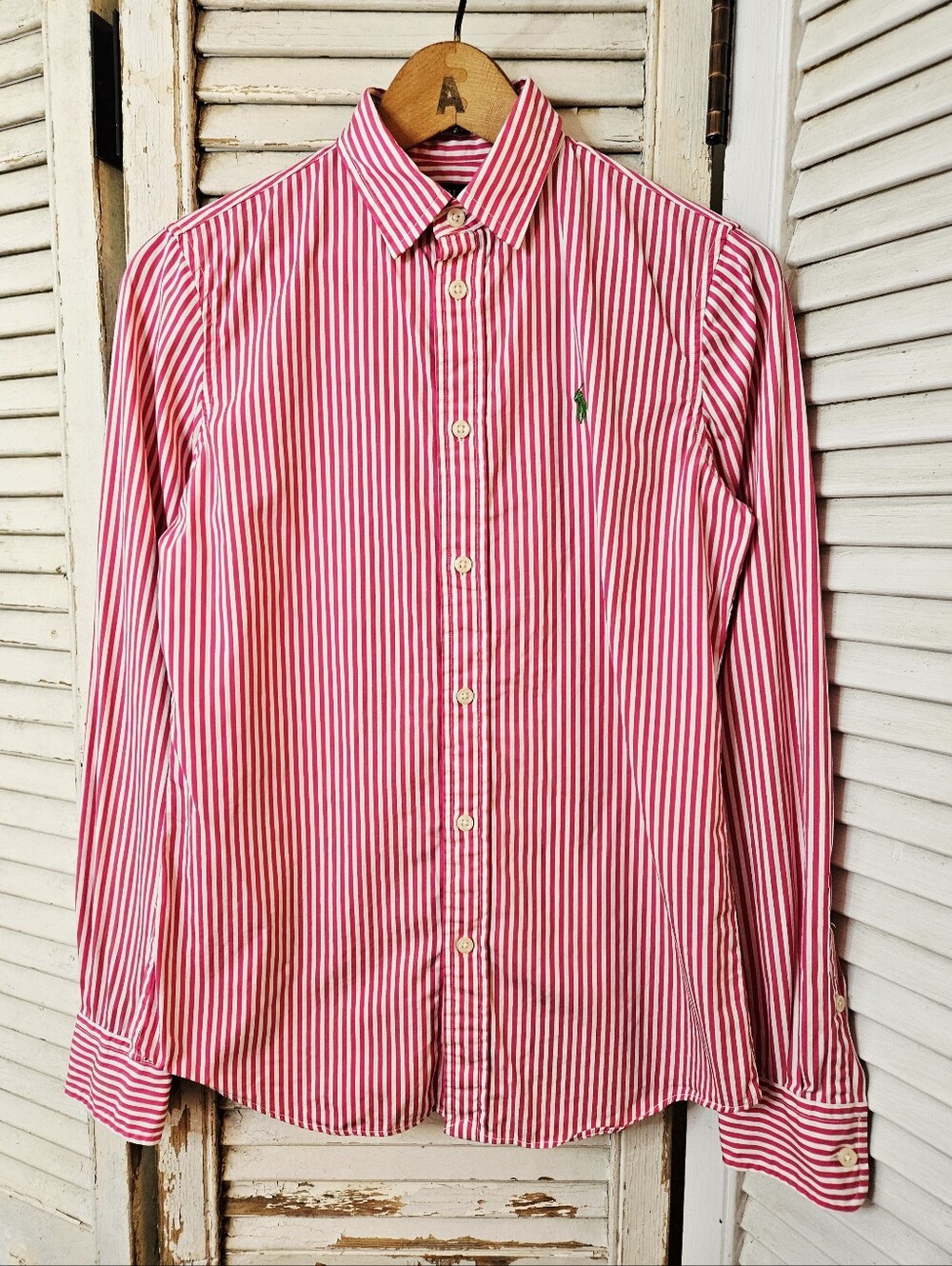 Polo Ralph Lauren Pink And White Striped CottonShirt With Green Crest Size 4
